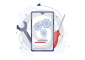 Mobile Repair of a Telephone or Smartphone Electronics Service with Broken Screen and Machine Breakdown in Illustration