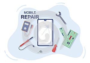 Mobile Repair of a Telephone or Smartphone Electronics Service with Broken Screen and Machine Breakdown in Illustration