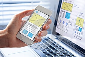 Mobile responsive website development, wireframe design preview on smartphone screen