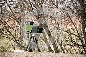 Mobile Road Police Radar On Tripod For Traffic Speed Control. Control Speed Limit. Speed Camera On Highway Road. Mobile