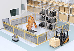 Mobile robot passing heavy payload robot cell in factory photo
