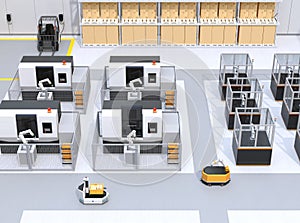 Mobile robots passing CNC robot cells in factory