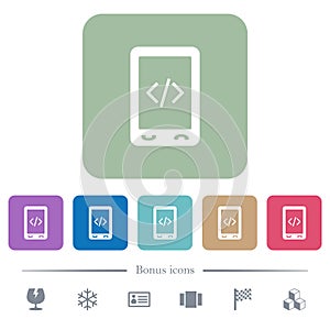 Mobile scripting flat icons on color rounded square backgrounds