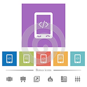 Mobile scripting flat white icons in square backgrounds photo
