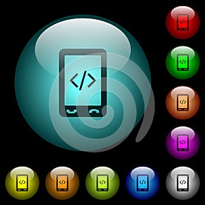Mobile scripting icons in color illuminated glass buttons photo
