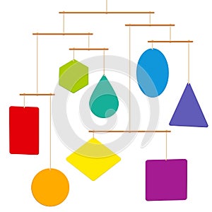 Mobile Sculpture Colorful Shapes Hanging On Cords Balance