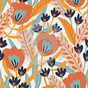 Seamless pattern with  exotic flowers and tropical leaves in  hand drawn style.  Vector fashion repeated fabric design photo