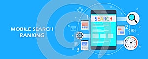 Mobile search ranking - mobile seo, search marketing, digital media, optimization concept. Flat design vector banner.