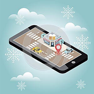 Mobile searching. Looking for bar. Snow winter day. Waiting for a Christmas and New Year. Isometric mobile and beer. Geo