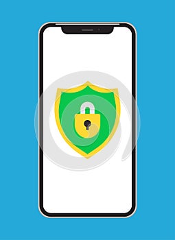 Mobile security app on smartphone screen. Data protection concept. Smartphone, shield lock icon