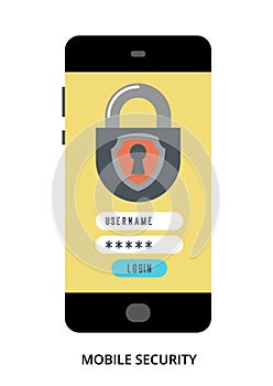Mobile Security concept on black smartphone with different user interface elements