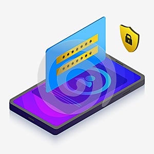 Mobile Security Protection Personal Data Technology concept. Isometric vector illustration smart phone, digital password padlock