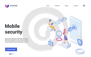 Mobile security technology isometric landing page, service for privacy data protection