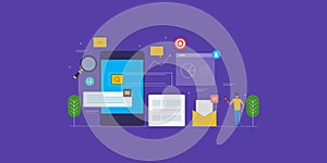 Mobile seo, optimized content for mobile user, mobile search, data analysis concept. Flat design vector web banner