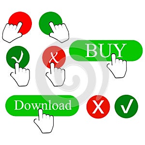 Mobile Set of characters of a pointing hand. Sign of consent, closing, loading, buying and choosing.