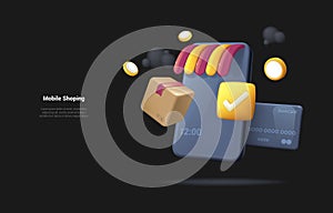 Mobile Shopping concept. Cartoon 3d illustration of Shopping Online on Mobile phone Application Concept illustration and