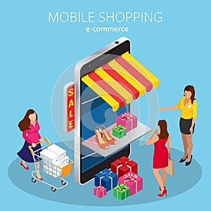 Mobile shopping e-commerce online store flat 3d isometric infographic concept