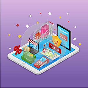 Mobile shopping e-commerce online supermarket store 3d isometric concept vector illustration. Electronic business, sales
