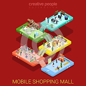 Mobile shopping mall interior sale store flat isometric vector