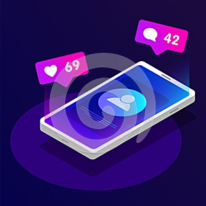 Mobile smart phone with likes, messages, new comments and followers push notification isometric concept. Vector set social media photo