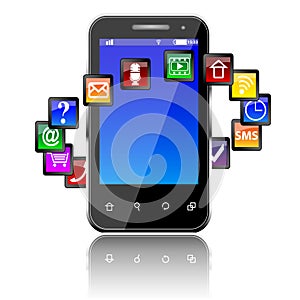 Mobile smart phone with software apps icons around