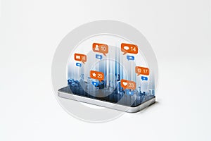 Mobile smart phone technology, with social media, social network notification icons. on white background