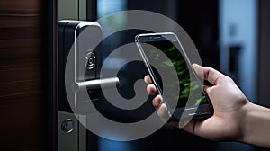 mobile smart phone use for open safety door and opens the door of his home.