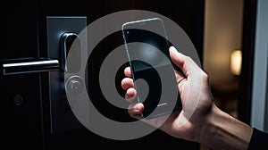 mobile smart phone use for open safety door and opens the door of his home. photo