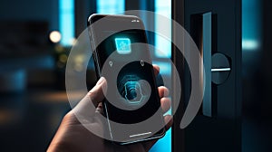 mobile smart phone use for open safety door and opens the door of his home. photo