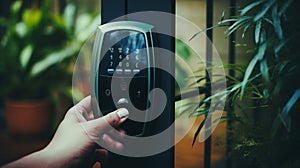 mobile smart phone use for open safety door and opens the door of his home. photo