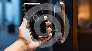 mobile smart phone use for open safety door and opens the door of his home. photo