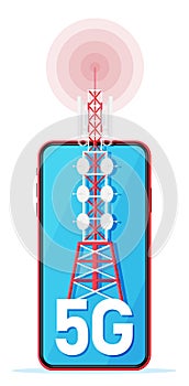 Mobile Smartphone and 5G Communication Tower.