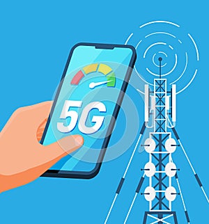 Mobile Smartphone and 5G Communication Tower.