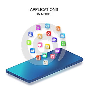 Mobile or smartphone with application icons isolated on white background as new technology concept. vector illustration