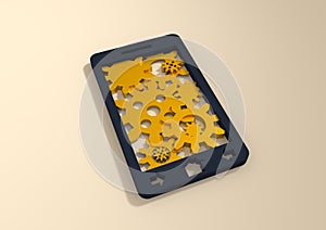 Mobile smartphone with cogs gears teamwork icon