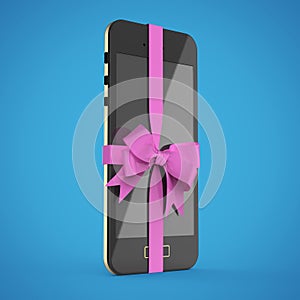 Mobile smartphone with glossy satin ribbon gift isolated on color background