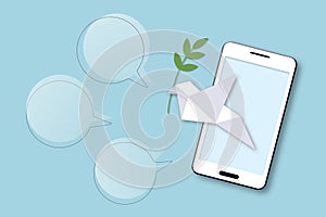 Mobile or smartphone with paper white dove or pigeon carrying olive branch flying on blue background, Concept for World Peace Day.