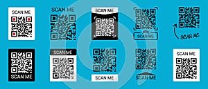 Mobile Smartphone QR Code Application Button With Scan Me Sign - Vector Illustrations Icon Set Isolated On Blue Background