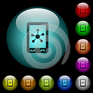 Mobile social networking icons in color illuminated glass buttons