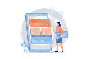 Mobile software optimization, UI, UX development. Smartphone app interface designing. Devops, woman creating application for