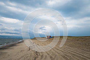 Mobile spa on the shoreline of Lake Baikal in Siberia