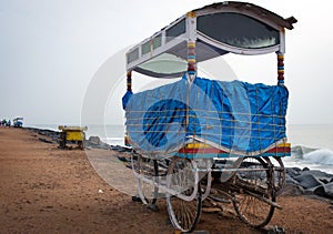 Mobile stalls along sandy beach in Pondicherry,