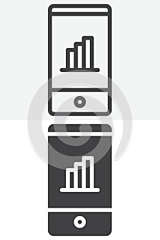Mobile statistics chart line and solid vector icon set