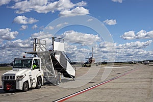 mobile steps for disembarking passengers from an airplane