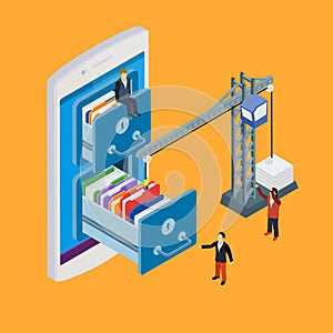 Mobile storage flat 3d isometric business technology server