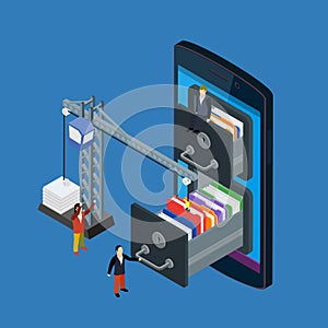 Mobile storage flat 3d isometric business technology server