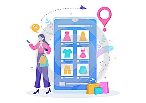 Mobile Store or Shopping Online in Application Vector Illustration. Digital Marketing Promotion, Payment and Purchase Via Card