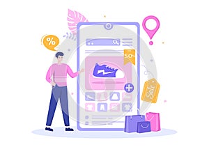 Mobile Store or Shopping Online in Application Vector Illustration. Digital Marketing Promotion, Payment and Purchase Via Card