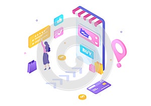 Mobile Store or Shopping Online in Application Vector Illustration. Digital Marketing Promotion, Payment and Purchase Via Card