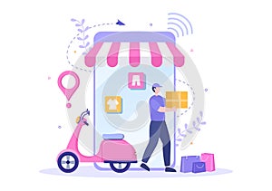 Mobile Store or Shopping Online in Application Vector Illustration. Digital Marketing Promotion, Payment and Purchase Via Card